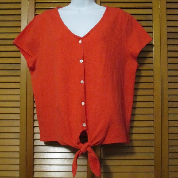 J. Crew top V neck, deep orange, button down tie front stretchy size XL - Picture 1 of 8